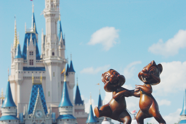 Chip and Dale figures in front of Cinderella Castle in Disney World Magic Kingdom