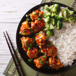 Chinese chicken, rice and broccoli dish