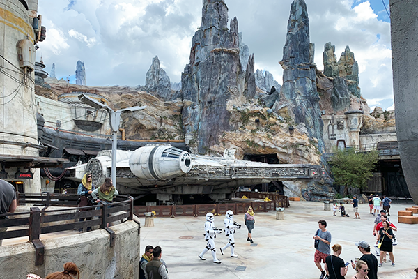 Millennium Falcon and storm troopers in Galaxy's edge in Disney World Florida