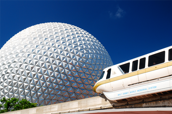 Disney Monorail passing in front of Epcot Sphere