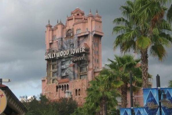 Disney's Hollywood Tower of Terror Hotel with ominous dark cloudy sky