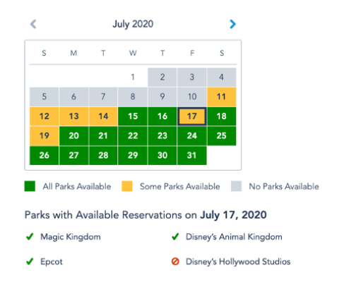 Sample disney park availability calendar