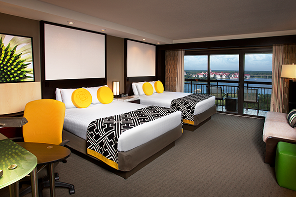Inside hotel room of Disney's Contemporary Resort with 2 queen beds