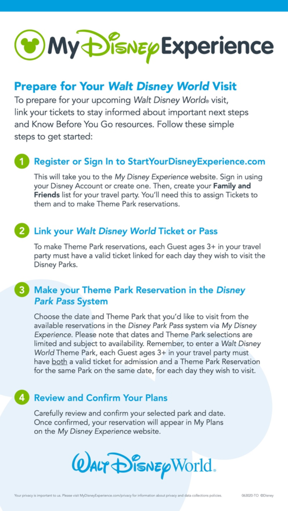 My Disney Experience instructions for making park reservations