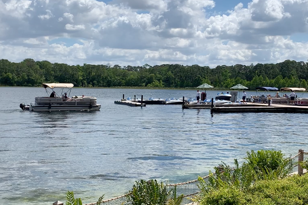 pontoon boats on seven seas lagoon in Disney World