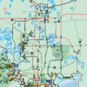 Map of Orlando Florida area showing location of Walt Disney World and other Orlando area attractions